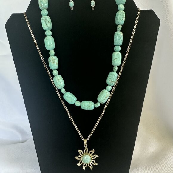 Western Turquoise Jewelry Set Two Necklaces and Lucky Brand Earrings - Picture 1 of 9